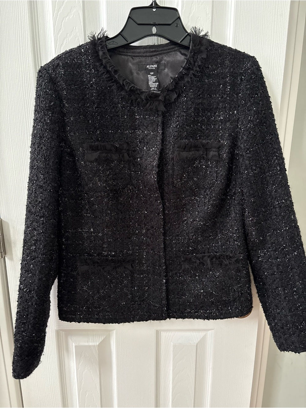 Alfani Black Tweed Fringe Trim wool blend Jacket